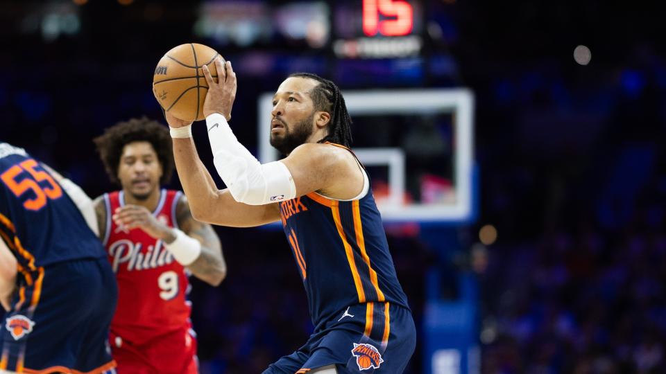 Apr 28, 2024; Philadelphia, Pennsylvania, USA; New York Knicks guard Jalen Brunson (11) shoots the ball against the Philadelphia 76ers during the second half of game four of the first round in the 2024 NBA playoffs at Wells Fargo Center. Mandatory Credit: Bill Streicher-USA TODAY Sports