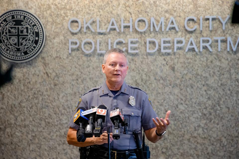 Oklahoma City Police Chief Wade Gourley speaks during a 2023 news conference at police headquarters in Oklahoma City.