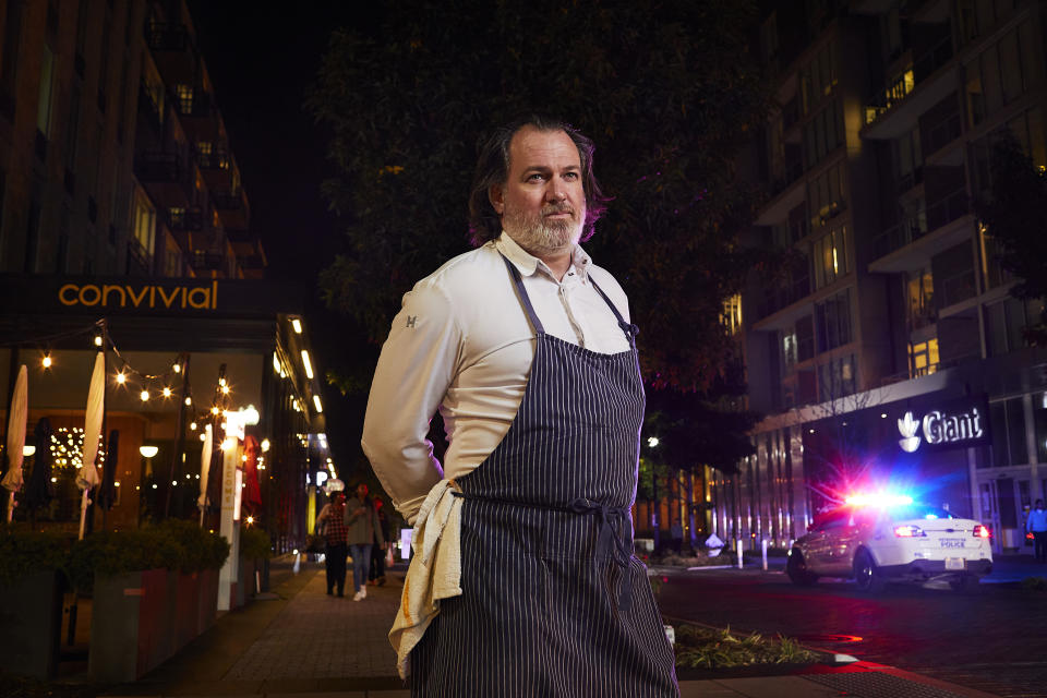 Cedric Maupillier, chef and owner of Convivial, in Washington, D.C., on the sidewalk in front of his restaurant.