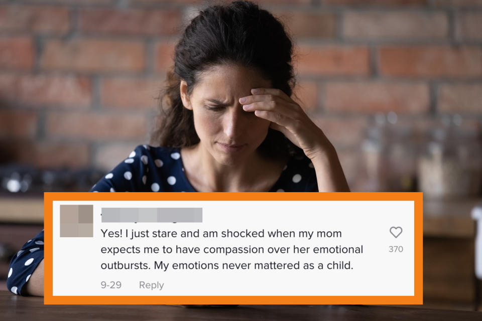 stressed out woman looking at her phone overlaid with tiktok comment saying I'm shocked when my mom expects me to have compassion over her emotional outbursts when my emotions never mattered to her