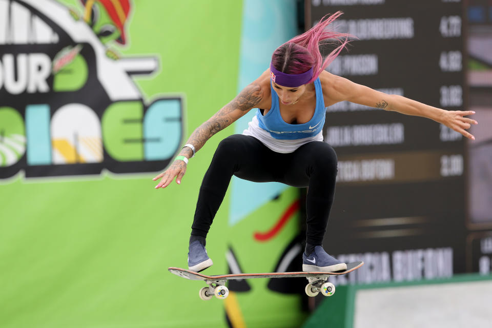 DES MOINES, IOWA - MAY 23: Leticia Bufoni of Brazil competes in  the Women's Street Final at the Dew Tour on May 23, 2021 in Des Moines, Iowa. (Photo by Sean M. Haffey/Getty Images)