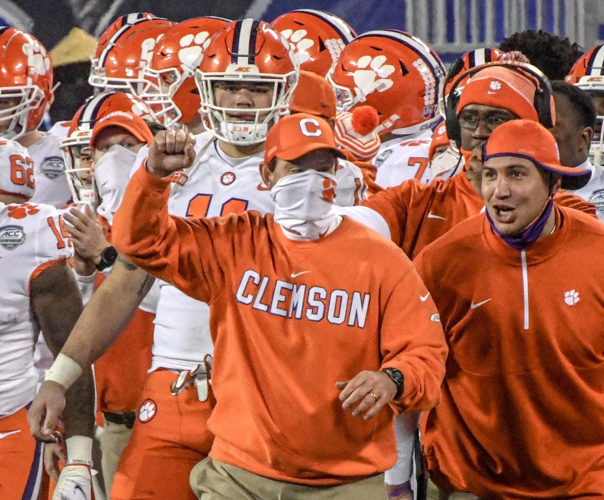 Clemson head coach Dabo Swinney reacts in the final seconds of a 34-10 win over Notre Dame during the fourth quarter of the ACC Championship game in 2020.