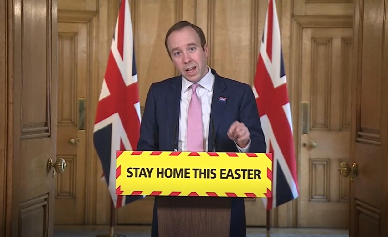 Screen grab of Health Secretary Matt Hancock speaking during a media briefing in Downing Street, London, on coronavirus (COVID-19). (Photo by PA Video/PA Images via Getty Images)