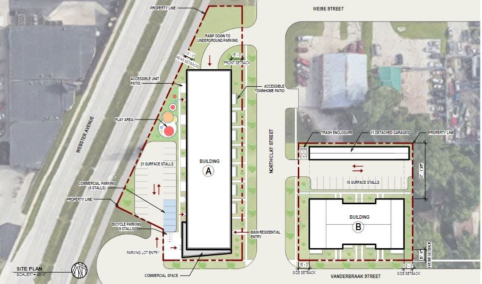 Developers have proposed building a three-story, 36-unit apartment building and 16-unit, two-story townhouse apartment building on the site of the former Eagles Club in Green Bay.