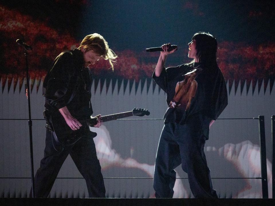 Billie Eilish and Finneas performing at the Grammys.