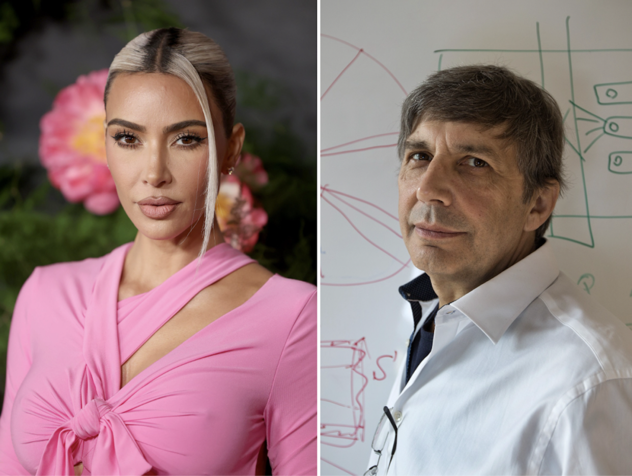 Kim Kardashian in a light pink dress on the left and Dutch-British physicist Andre Geim on the right. 