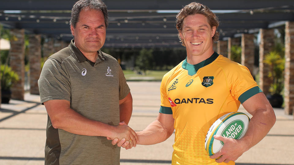 Michael Hooper, pictured here with Dave Rennie after being announced as the Wallabies captain.