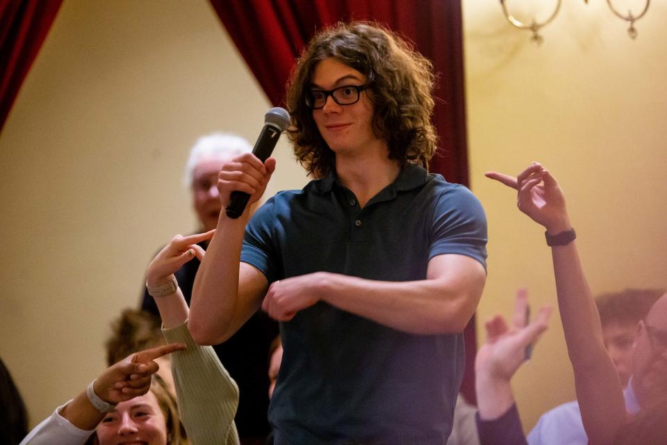 Mackinaw City student Jeffery Siebigeroth asks a question during a Q&A session after oral arguments were given in front of the Michigan Supreme Court Wednesday, April 26, 2023, at the Cheboygan Opera House.