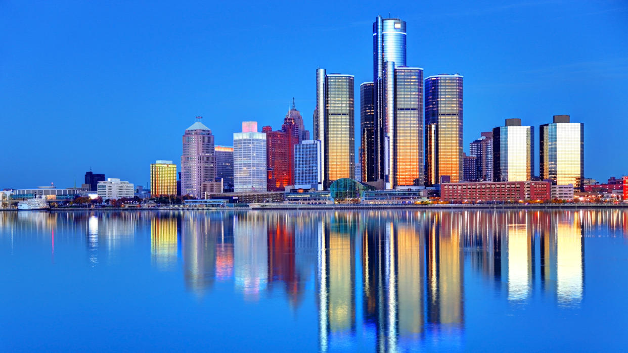 Downtown Detroit skyline reflection on the Detroit River.