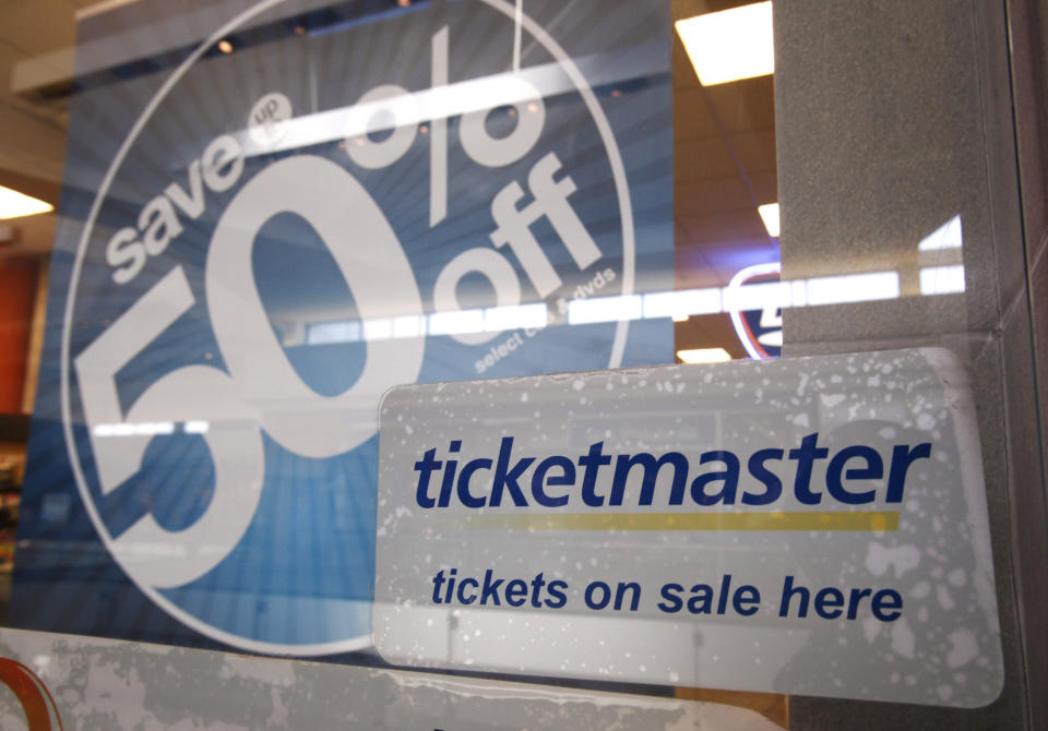 FILE - In this May 11, 2009, file photo, a Ticketmaster advertisement is posted at a Ticketmaster box office in San Jose, Calif. On Wednesday, Dec. 30, 2020, a federal judge in New York signed off on a deal that will allow Ticketmaster to pay a $10 million fine to escape prosecution over criminal charges accusing the company of hacking into the computer system of a startup rival. (AP Photo/Paul Sakuma, File)