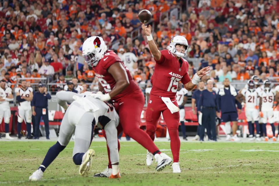 Quarterback Clayton Tune (15) of the Arizona Cardinals throws a pass during the second half of the NFL game against the Denver Broncos at State Farm Stadium in Glendale on Aug. 11, 2023. The Cardinals defeated the Broncos 18-17.