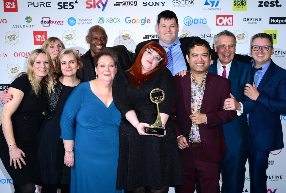 Anne Hegerty, Shaun Wallce, Jenny Ryan, Makr Labbett, and Paul Sinha and the crew of The Chase with the award for Best Daytime Programme at the TRIC Awards 2019 50th Birthday Celebration held at the Grosvenor House Hotel, London. (Photo by Ian West/PA Images via Getty Images)