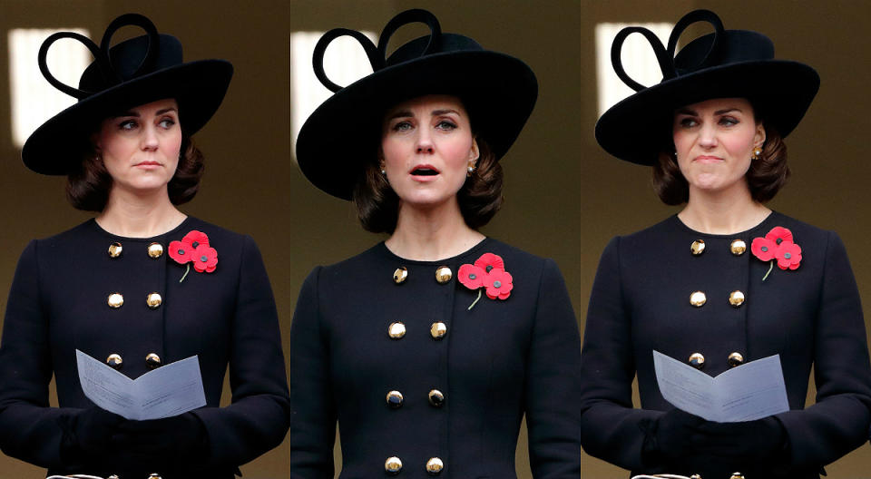 <p><strong>When: Nov. 12, 2017</strong><br>The Duchess of Cambridge concealed her growing baby bump as she paid her respects at the annual Remembrance Day service at The Cenotaph in London, England on Sunday. The Duchess opted for a crisp black Dolce & Gabbana fit and flare coat suit that featured gold buttons and she finished the look with a chic red poppy pin — but let’s talk about that hair! <em>(Photos: Getty)</em> </p>