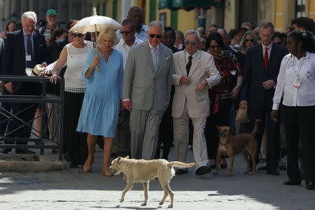 Britain's Prince Charles and Camilla, Duchess of Cornwall, walk with Eusebio Leal, the official historian of Havana in Old Havana, Cuba March 25, 2019. REUTERS/Alexandre Meneghini