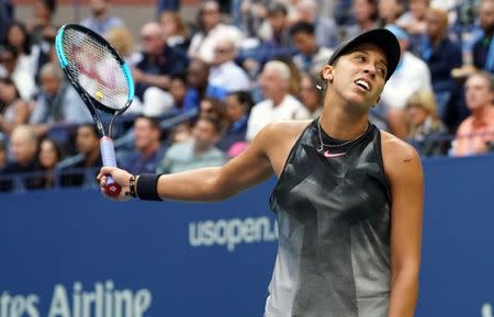 Sept 9, 2017; New York, NY, USA; Madison Keys of the USA after a miss to Sloan Stephens of the USA in the Women's Final in Ashe Stadium at the USTA Billie Jean King National Tennis Center. Mandatory Credit: Robert Deutsch-USA TODAY Sports