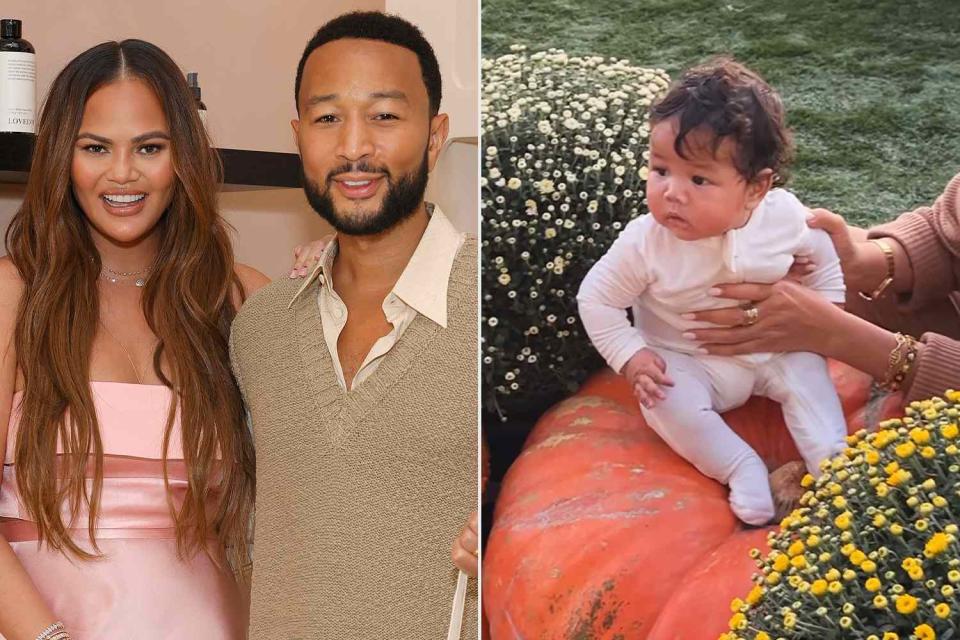 <p>Stefanie Keenan/Getty Images; Chrissy Teigen/Instagram</p> Chrissy Teigen and John Legend (L), Wren sitting on a pumpkin (R)