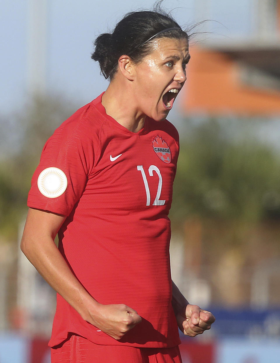 Canada's Christine Sinclair celebrates after scoring against St. Kitts and Nevis during a CONCACAF women's Olympic qualifying soccer match Wednesday, Jan. 29, 2020, in Edinburg, Texas. Sinclair passed Abby Wambach's record for goals. (Joel Martinez/The Monitor via AP)