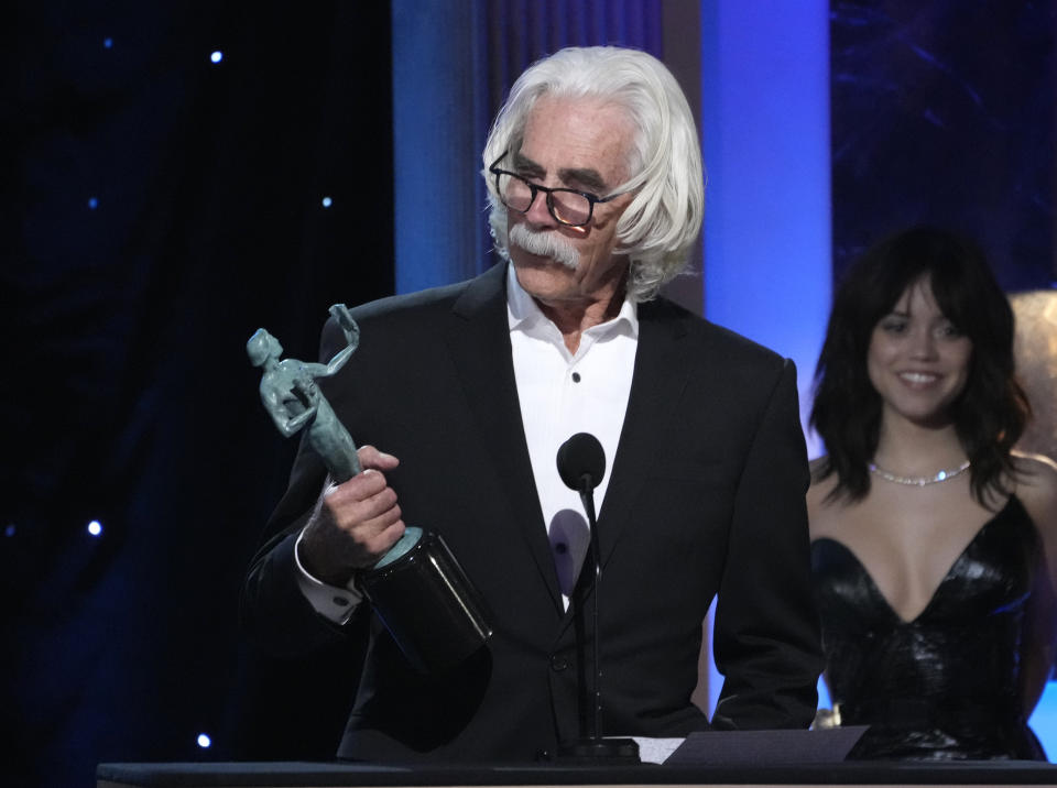 Sam Elliott accepts the award for outstanding performance by a male actor in a television movie or limited series for "1883" at the 29th annual Screen Actors Guild Awards on Sunday, Feb. 26, 2023, at the Fairmont Century Plaza in Los Angeles. (AP Photo/Chris Pizzello)