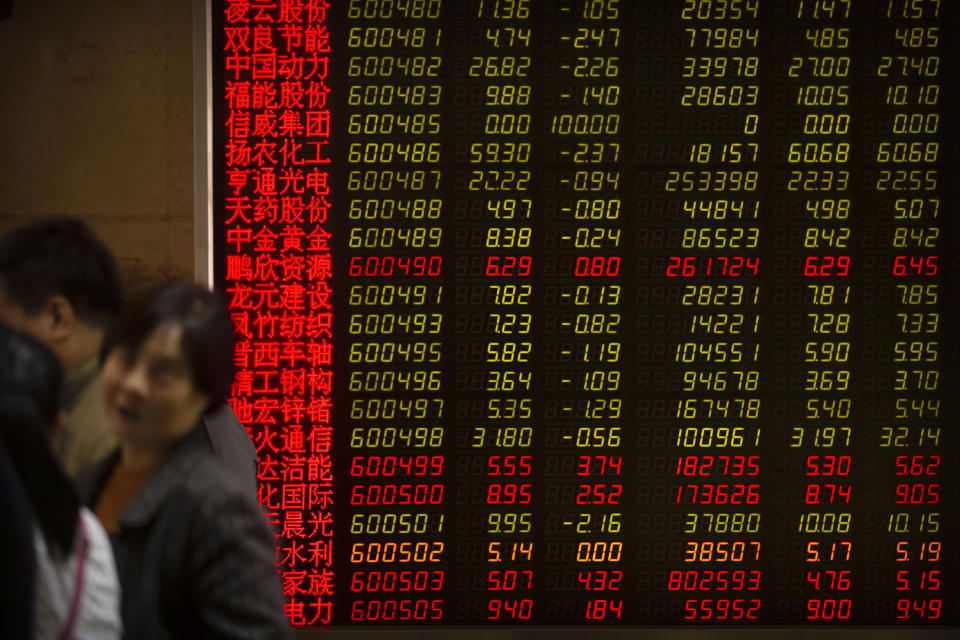 Chinese investors monitor stock prices at a brokerage house in Beijing, Friday, April 19, 2019. Asian stock indexes rose moderately in quiet holiday trading on Good Friday as some markets were closed. (AP Photo/Mark Schiefelbein)