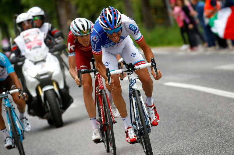 French cyclist Thibaut Pinot (front) of Team FDJ rides during the 20th stage of the 100th Giro d'Italia, from Pordenone to Asiago, on May 27, 2017 in Asiago