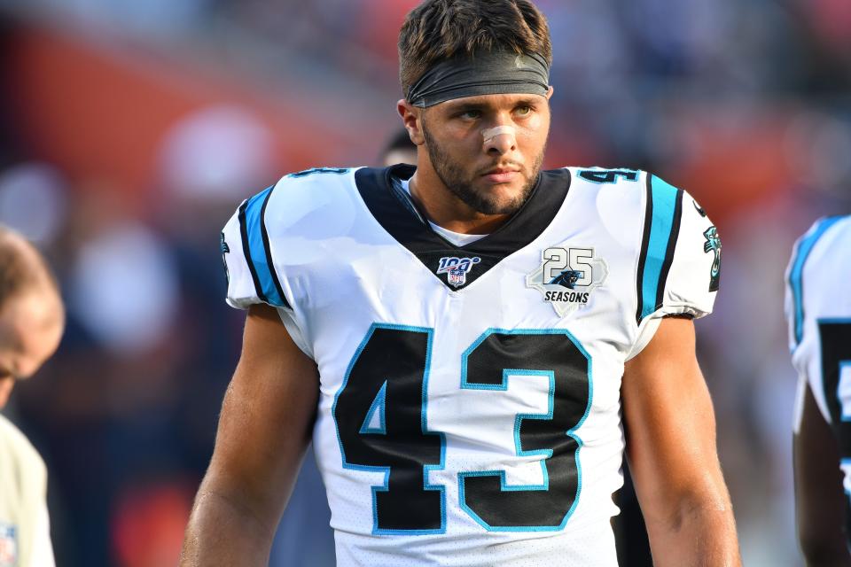 Aug 8, 2019; Chicago, IL, USA; Carolina Panthers linebacker Jordan Kunaszyk (43) warms up before a game against the Chicago Bears at Soldier Field. Mandatory Credit: Matt Cashore-USA TODAY Sports