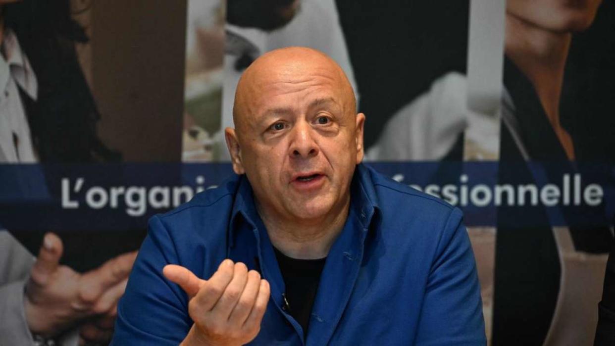 The new president of the Umih employers' union for the hotel and restaurant sector, Thierry Marx speaks during a press conference in Paris, on October 28, 2022. (Photo by Emmanuel DUNAND / AFP) (Photo by EMMANUEL DUNAND/AFP via Getty Images)