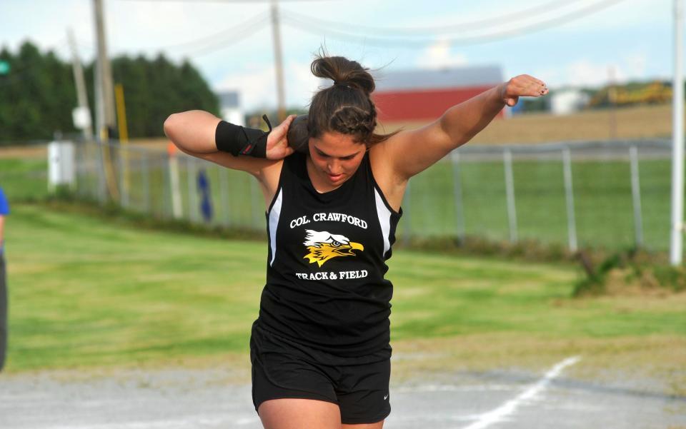 Colonel Crawford's Julia Feik broke the school record in the shot put this season with a heave of 39-6.5 at the County Meet.