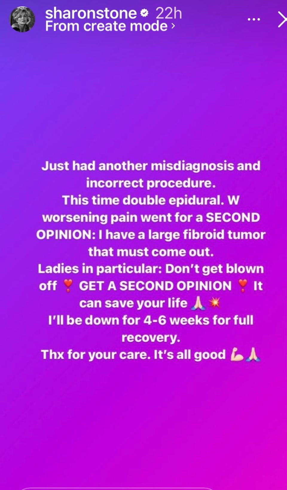 Stone shared news of her misdiagnosis and tumour on Instagram (instagram)