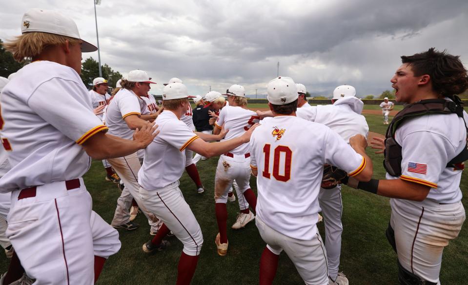 Juab celebrates winning the 3A baseball championship over Juan Diego Catholic High School at Kearns High on Saturday, May 13, 2023. Juab won 7-4. | Scott G Winterton, Deseret News