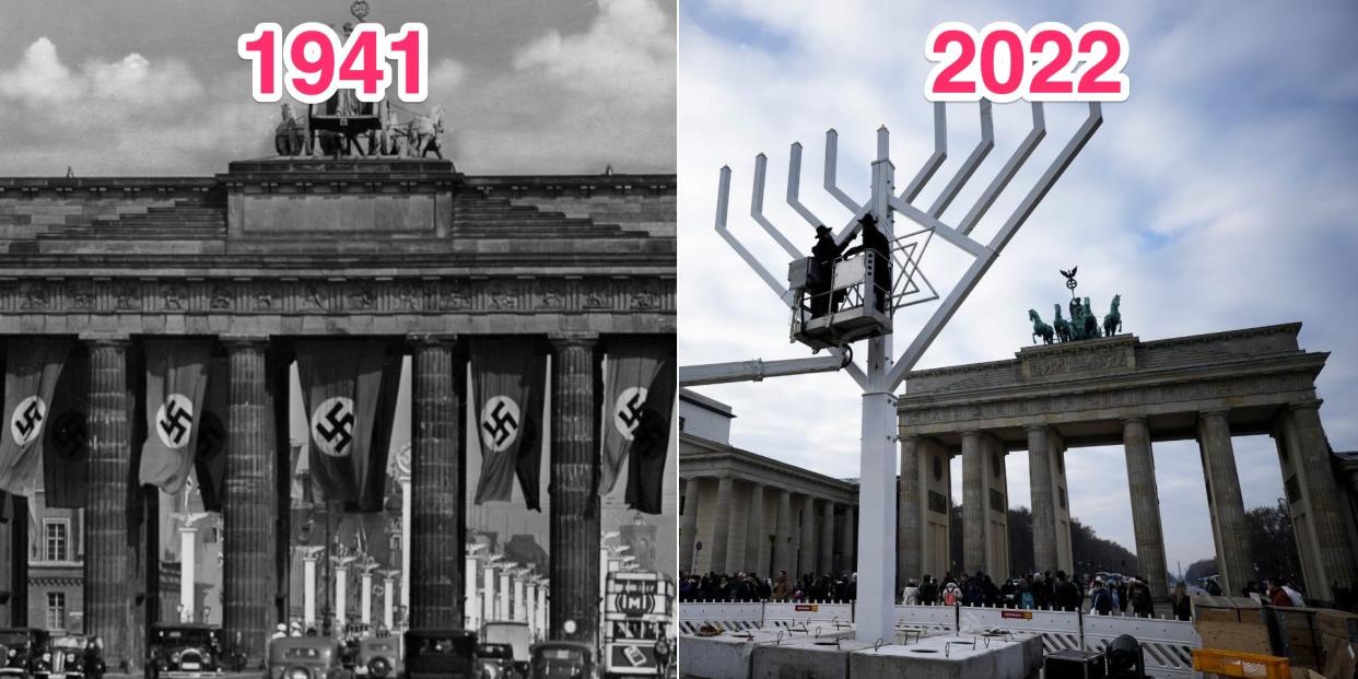 Brandenburg Gate photographed in 1941 with Nazi banners and in 2022 with a Jewish menorah