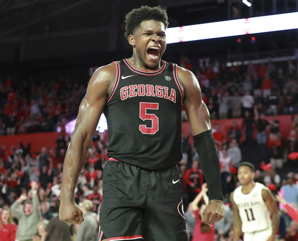 Georgia guard Anthony Edwards reacts to his break away dunk against Texas A&M during the second half in a NCAA college basketball game on Saturday, Feb. 1, 2020, in Athens. (Curtis Compton/Atlanta Journal-Constitution via AP)