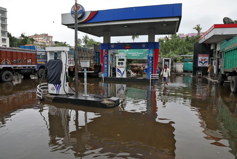 A water-logged fuel station is pictured after Cyclone Amphan made its landfall, in Kolkata