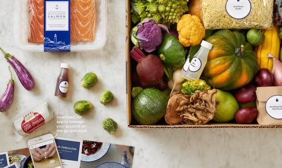 A Blue Apron meal kit labeled for prep.