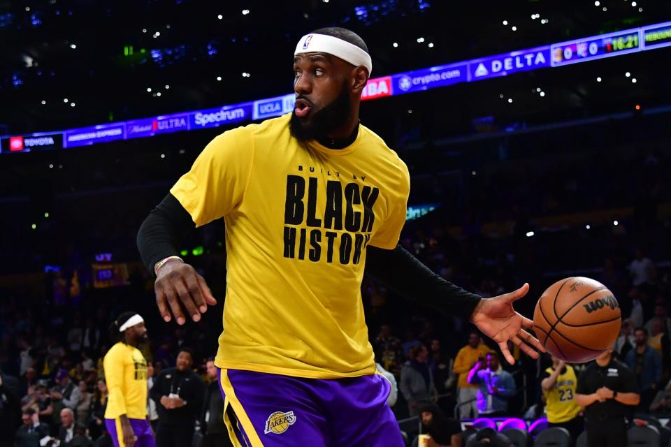 LeBron James warms up before the game against the Oklahoma City Thunder at Crypto.com Arena.