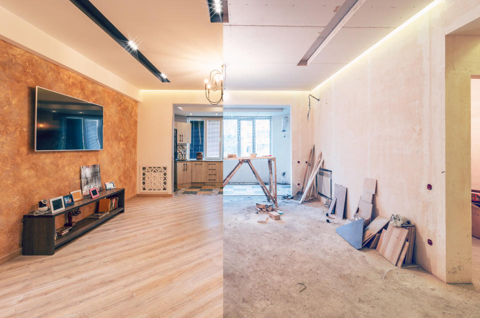 Modern interior design of big living-kitchen studio room, before and after. (Photo: Getty)