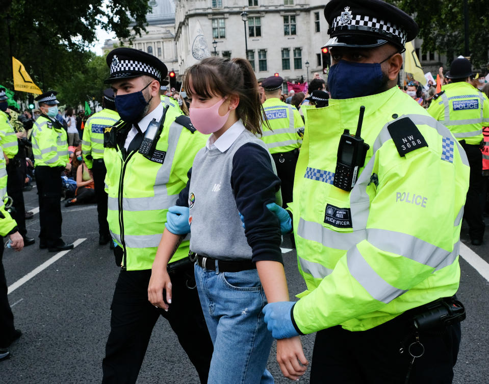 LONDON, UNITED KINGDOM - SEPTEMBER 01, 2020 - Extinction Rebellion climate change protesters in are arrested in Parliament Square- PHOTOGRAPH BY Matthew Chattle / Barcroft Studios / Future Publishing (Photo credit should read Matthew Chattle/Barcroft Media via Getty Images)