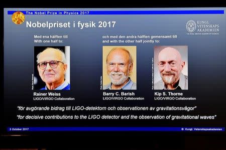 The names of Rainer Weiss, Barry C. Barish and Kip S. Thorne are displayed on the screen during the announcement of the winners of the Nobel Prize in Physics 2017, in Stockholm, Sweden, October 3, 2017. TT News Agency/Jessica Gow via REUTERS