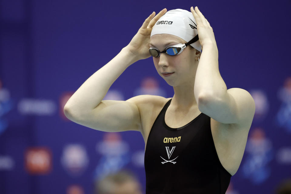 KNOXVILLE, TENNESSEE - JANUARY 11: Gretchen Walsh
 prepares for the Women's 100 Meter Freestyle finals on Day 2 of the TYR Pro Swim Series Knoxville at Allan Jones Intercollegiate Aquatic Center on January 11, 2024 in Knoxville, Tennessee. (Photo by Alex Slitz/Getty Images)