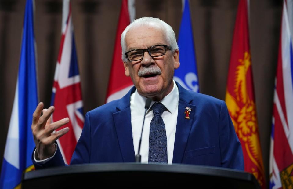 Public Service Alliance of Canada (PSAC) National President Chris Aylward speaks during a news conference on Parliament Hill in Ottawa on Feb. 27, 2024.