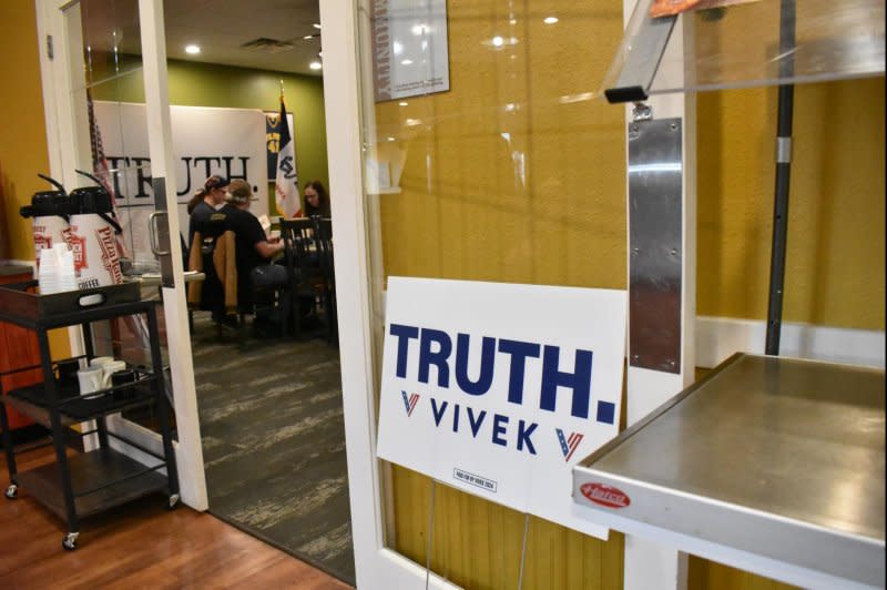 Republican presidential candidate Vivek Ramaswamy holds a town hall at the Pizza Ranch in Oskaloosa, Iowa, on Friday. Photo by Joe Fisher/UPI