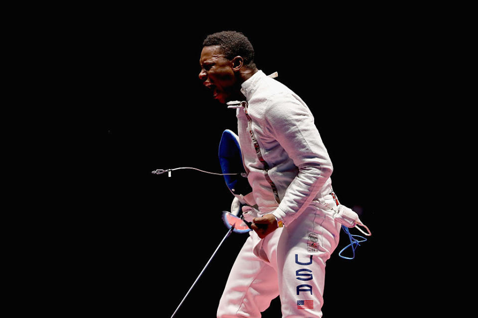 Daryl Homer of the United States celebrates winning his men's individual sabre semifinal (Getty)