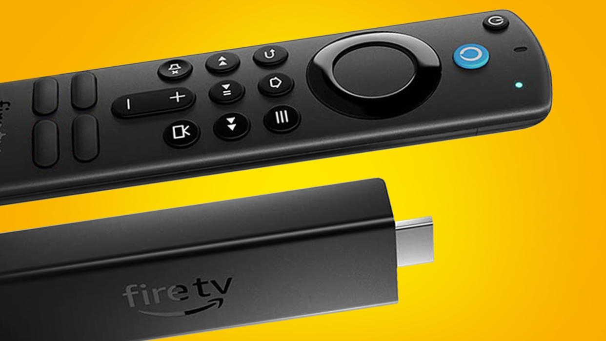  The Amazon Fire TV Stick 4K Max and its remote on an orange background 