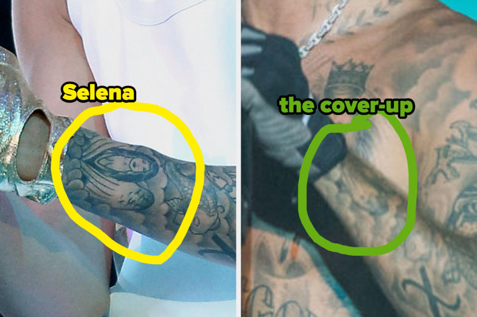 The Selena tattoo circled and then the same area after the cover-up