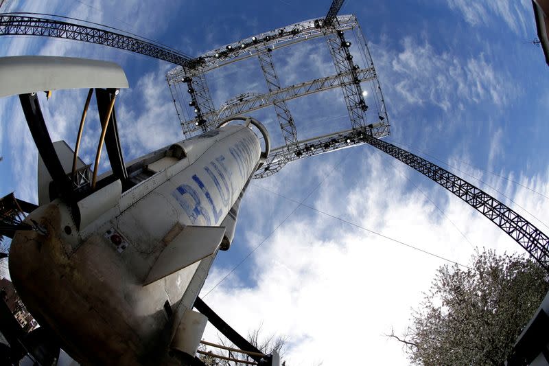 FILE PHOTO: A general view of the Blue Origin New Shepard rocket booster at the 33rd Space Symposium in Colorado Springs, Colorado