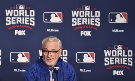 Oct 24, 2016; Cleveland , OH, USA; Chicago Cubs manager Joe Maddon (70) talks to the media during work out day prior to the start of the 2016 World Series at Progressive Field. Mandatory Credit: David Richard-USA TODAY Sports