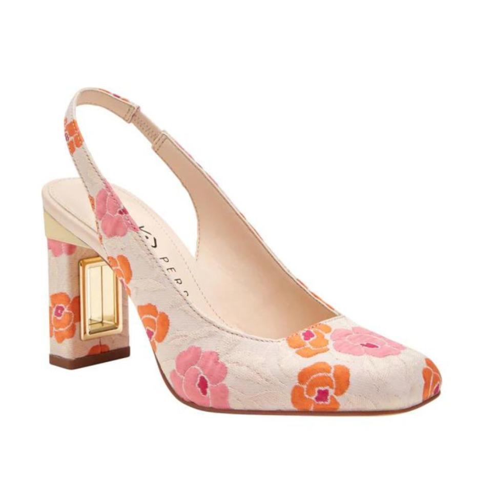 cream and floral sling back heels
