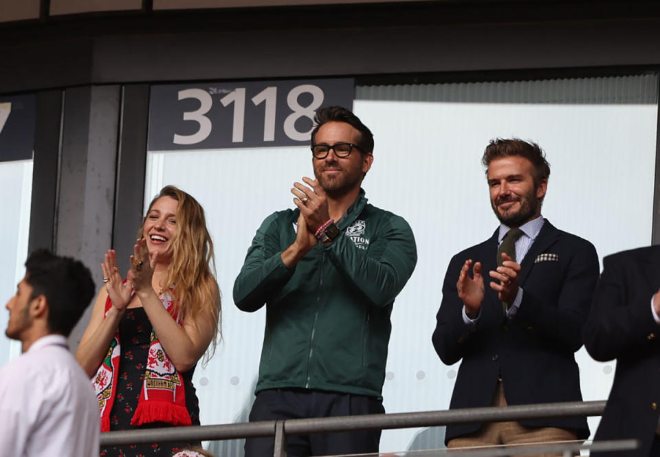 Blake Lively, Ryan Reynolds and David Beckham watch a soccer game at Wembley Stadium