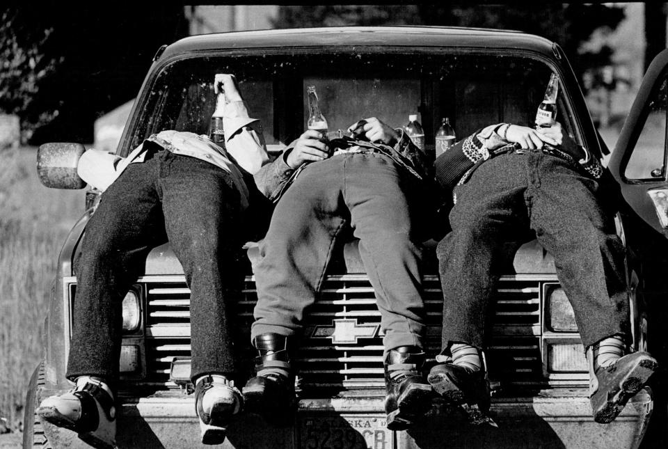 <p>Friends lay back on the hood of their car with a beer, still in their snow boots, at <strong>Keystone area resort, Colorado.</strong></p>