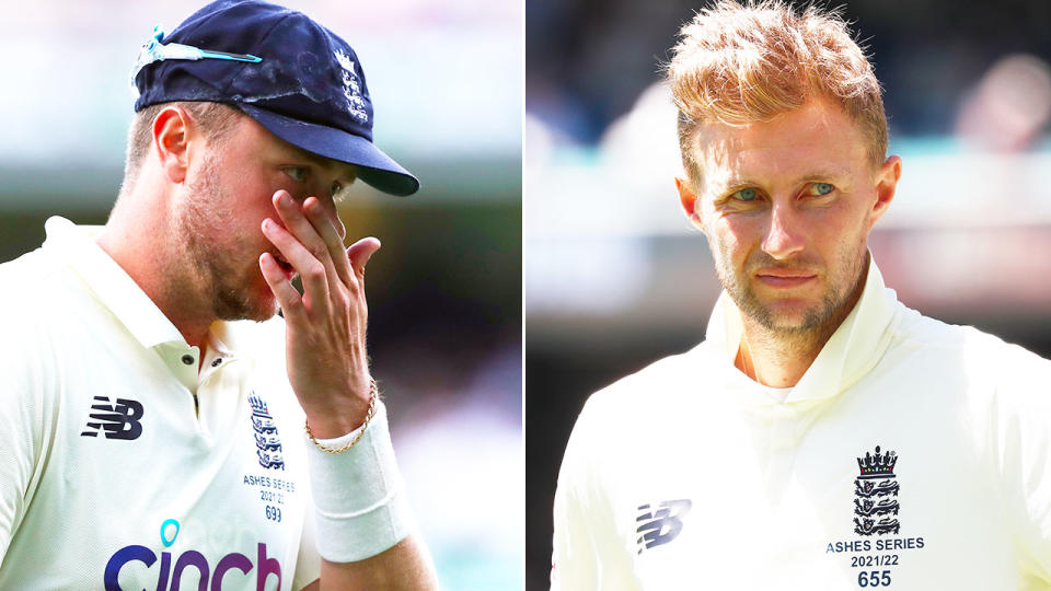 Seen here, England's players look on in despair after a third straight defeat in the 2021/22 Ashes series.