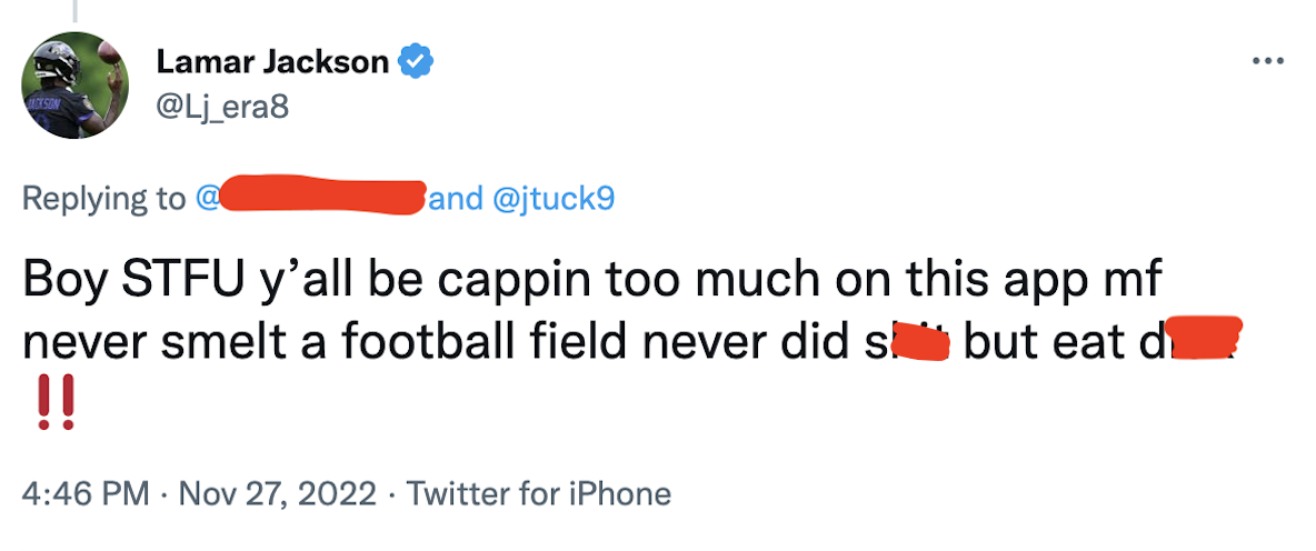 Lamar Jackson deleted an insensitive tweet he sent to a fan following a loss in Week 12. (Screengrab via Twitter)